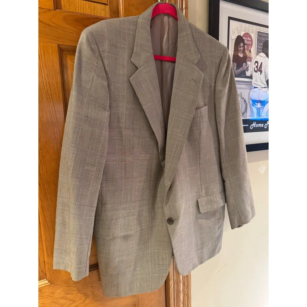 Hickey Freeman Barneys New York Wool‎ Silk Suit 2 Pc Gray Glen Plaid 44R Custom